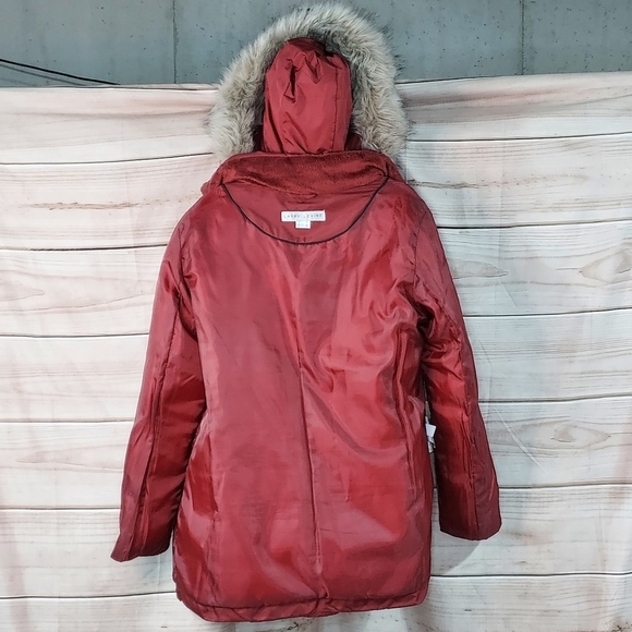 Larry Levine puffer jacket fur trim hood pockets quilted chevron rust red L - Picture 7 of 13